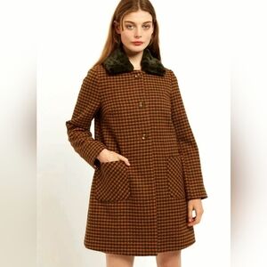 Louche London Dryden Cottage Check Faux Fur Wool Blend A-Line Coat Size US 8 NWT